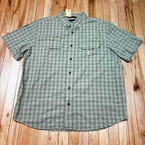 Carhartt Shirt Mens XL Short Sleeve Button Up Checker Green 100% Cotton